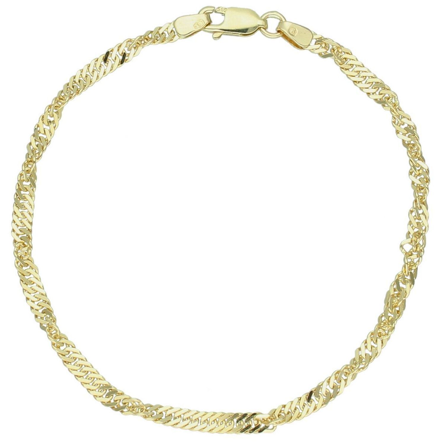 Elegancka złota bransoletka damska próby 585 w splocie Singapur, szerokość 3 mm. Długość 19 cm, waga 3,25 g, zapięcie na karabińczyk. Idealna do codziennych i eleganckich stylizacji.1.jpg